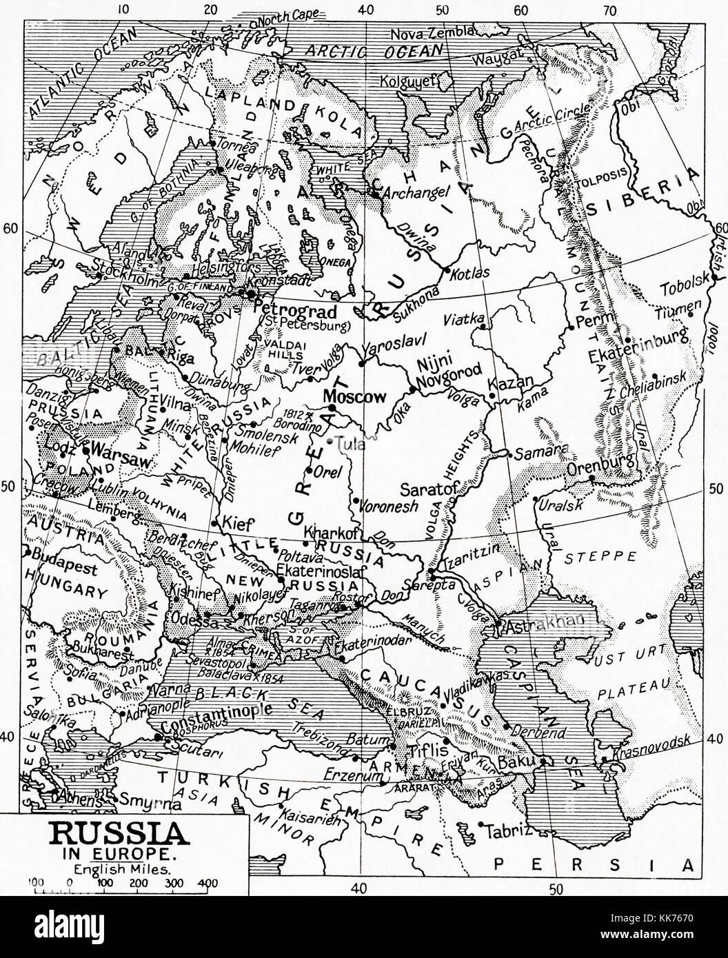 Map of Russia in 1915.  From Hutchinson's History of the Nations, published 1915. Stock Photo