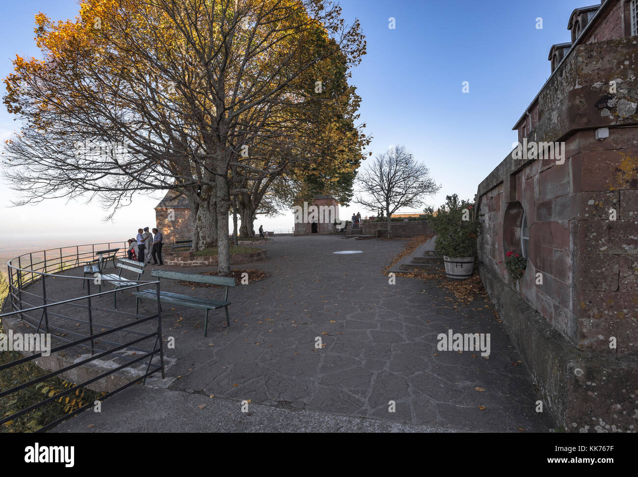 Mont Sainte-Odile Abbey, also known as Hohenburg Abbey, Mont Sainte-Odile, in German Odilienberg, peak in the Vosges Mountains, Alsace, France Stock Photo