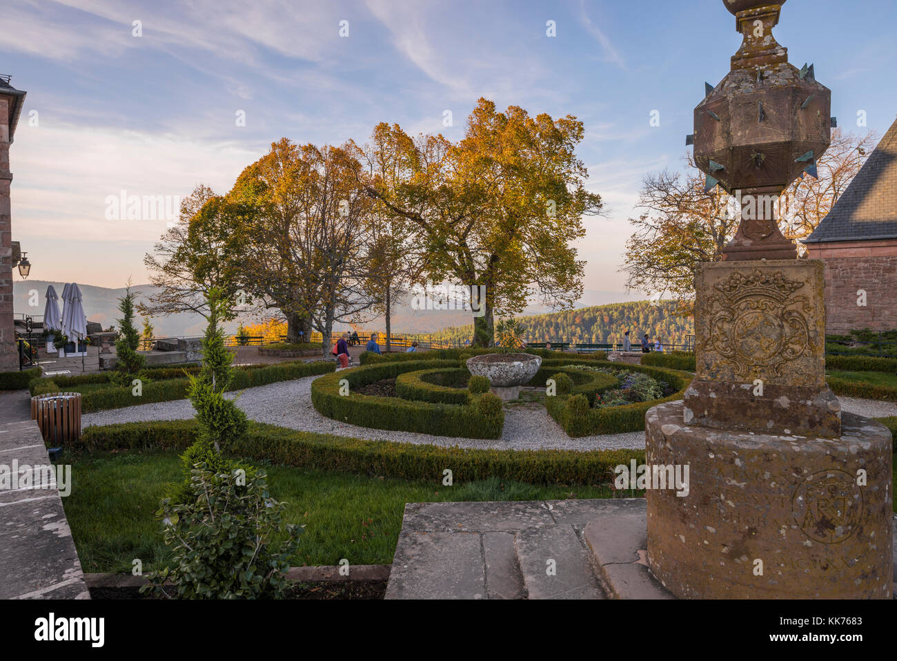 sundial in the court of Mont Sainte-Odile Abbey, also known as Hohenburg Abbey, Mont Sainte-Odile, in German Odilienberg, Alsace, France Stock Photo