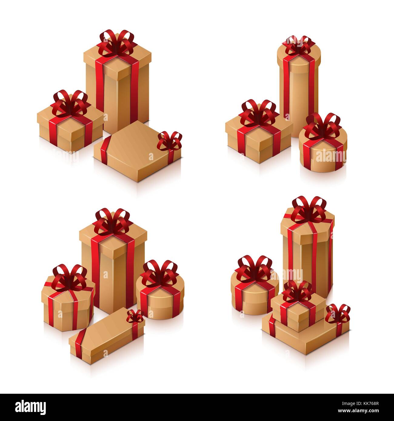 Set of gift boxes with bows and ribbons. Isometric illustration on white background. 3D realistic icons. Vector Stock Vector
