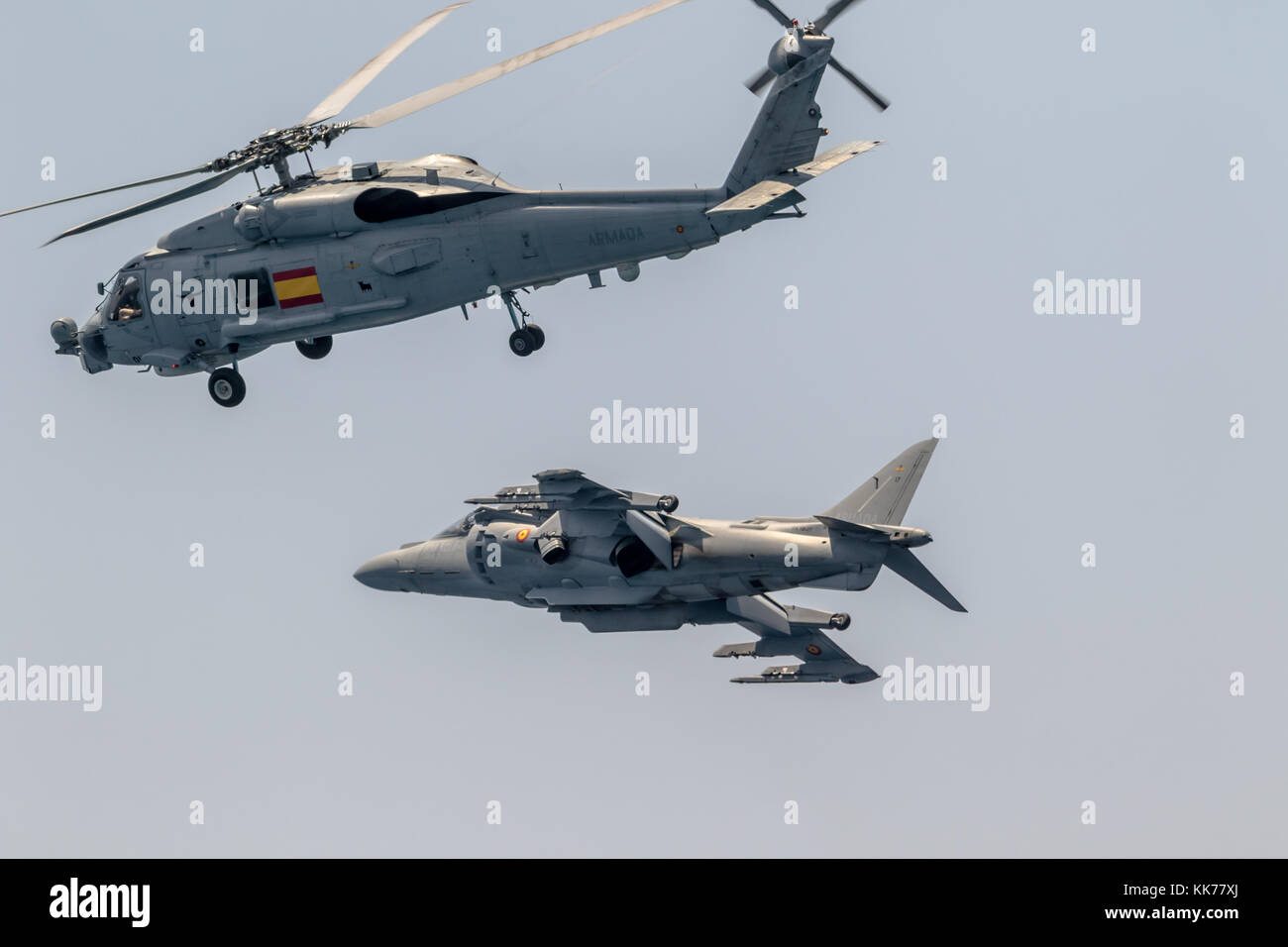 MOTRIL, GRANADA, SPAIN-JUN 11: Aircraft AV-8B Harrier Plus and  helicopter SH-60 Seahawk taking part in an exhibition on the 12th international airsho Stock Photo