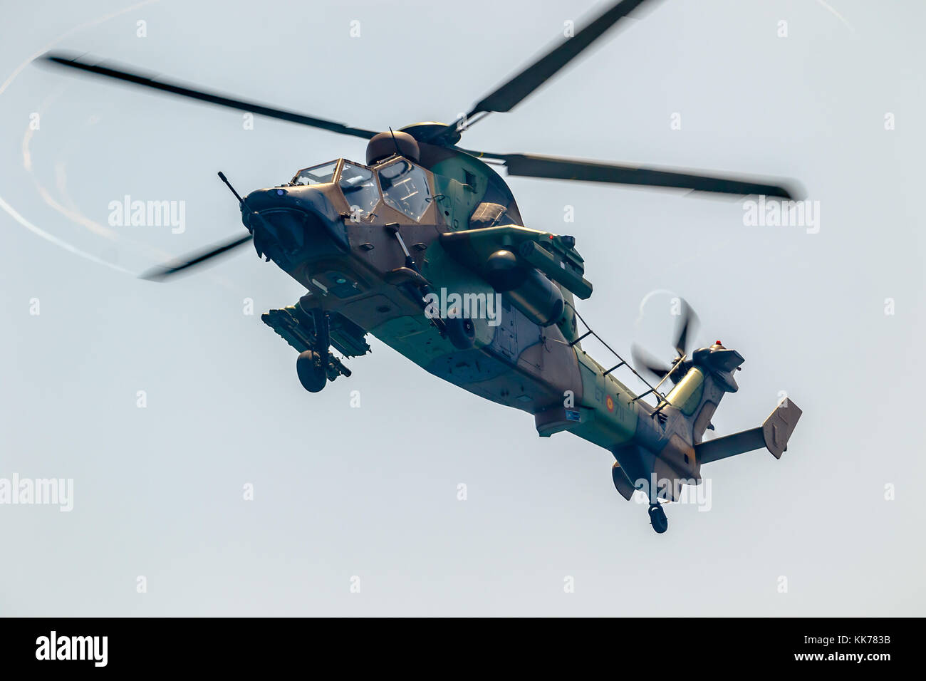 TORRE DEL MAR, MALAGA, SPAIN-JUL 28: Helicopter Eurocopter EC665 Tiger taking part in a exhibition on the 2nd airshow of Torre del Mar on July 28, 201 Stock Photo
