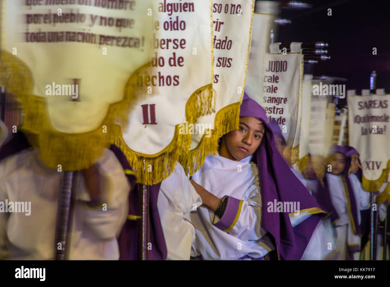 Banners of the 14 stations of Via Crucis | Antigua | Guatemala Stock Photo
