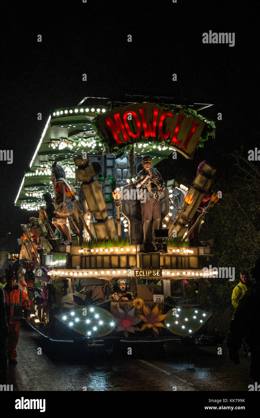 Glastonbury, United Kingdom, on the evening of the 18th November 2017, Eclipse Carnival Club float 'The Adventures Of Mowgli' takes part in the Glasto Stock Photo