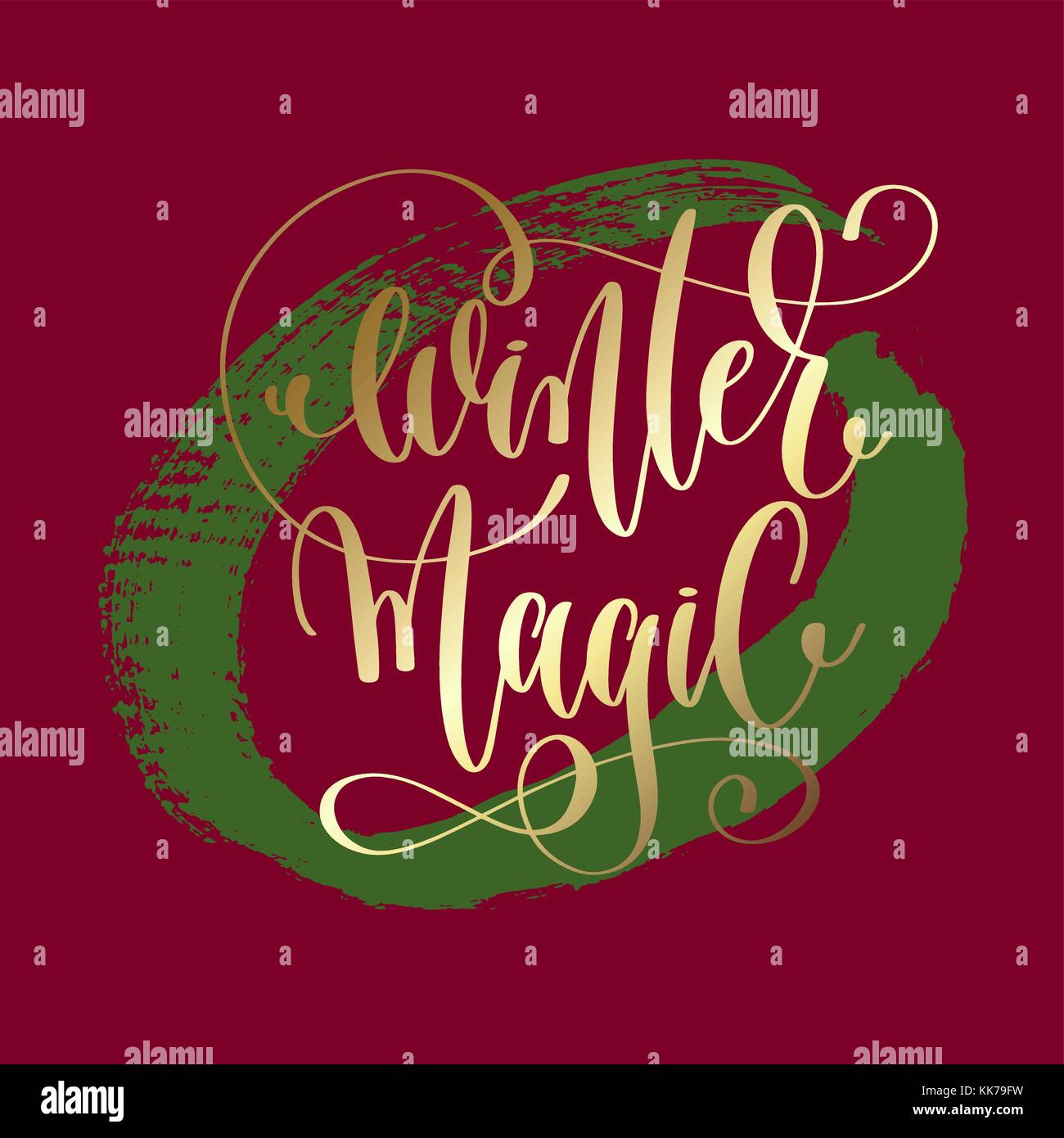 winter magic - gold hand lettering on green and purple Stock Vector ...