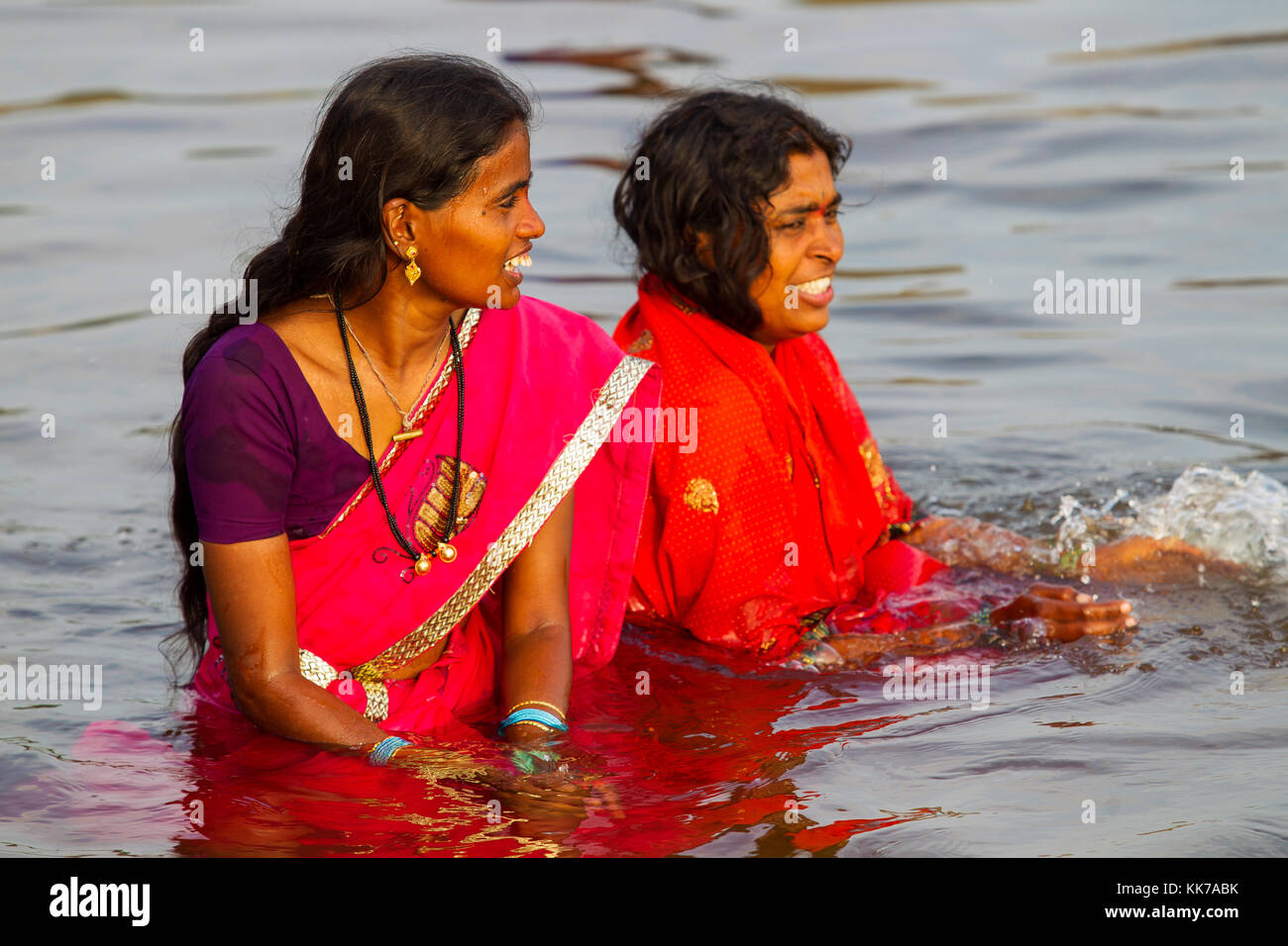 Indian Womans Bathing At Tungabhadra River Hampi Karnataka India