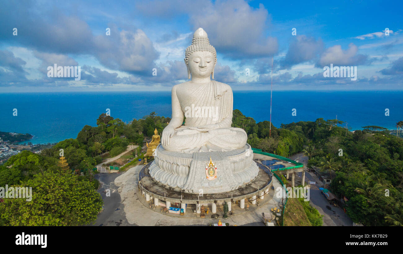 blue sky and blue ocean are on the back of Phuket Big Buddha statue ...