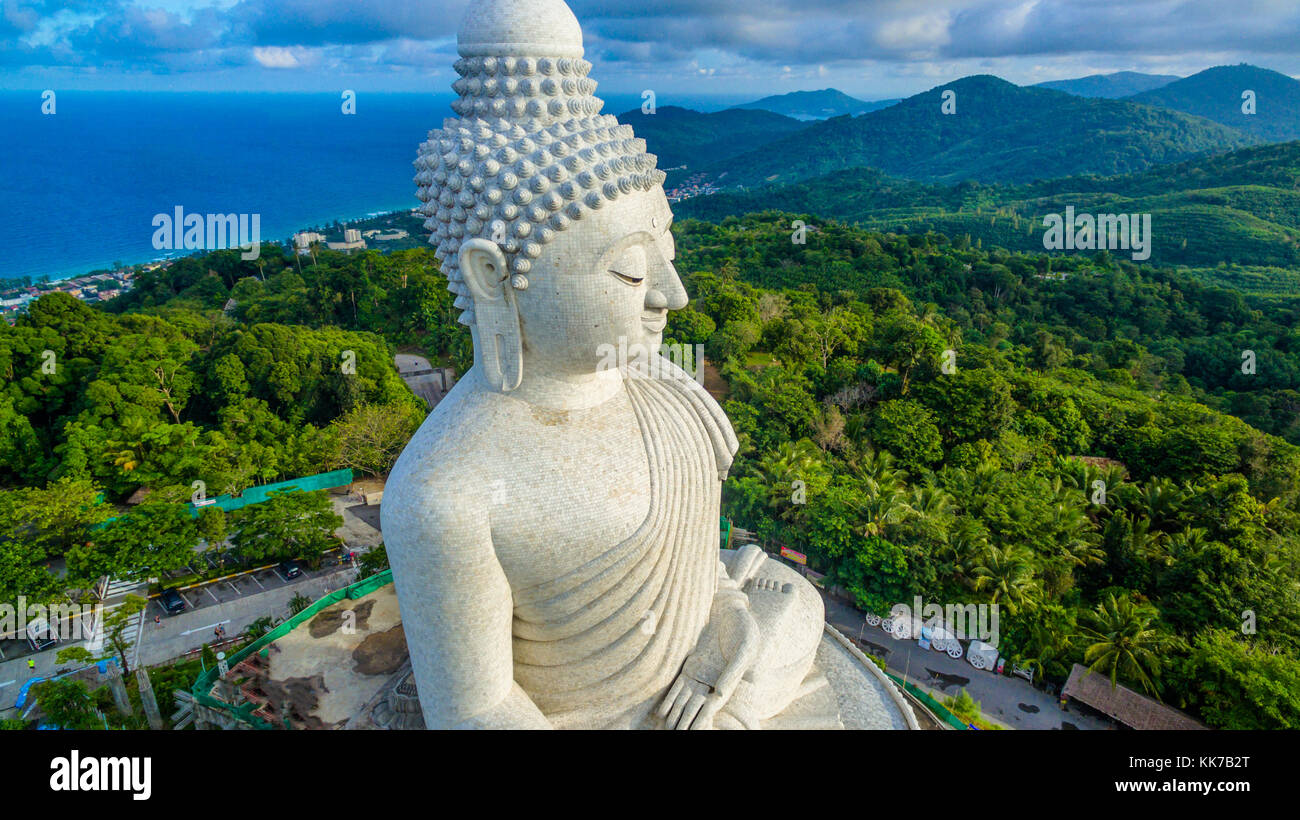 blue sky and blue ocean are on the back of Phuket Big Buddha statue ...
