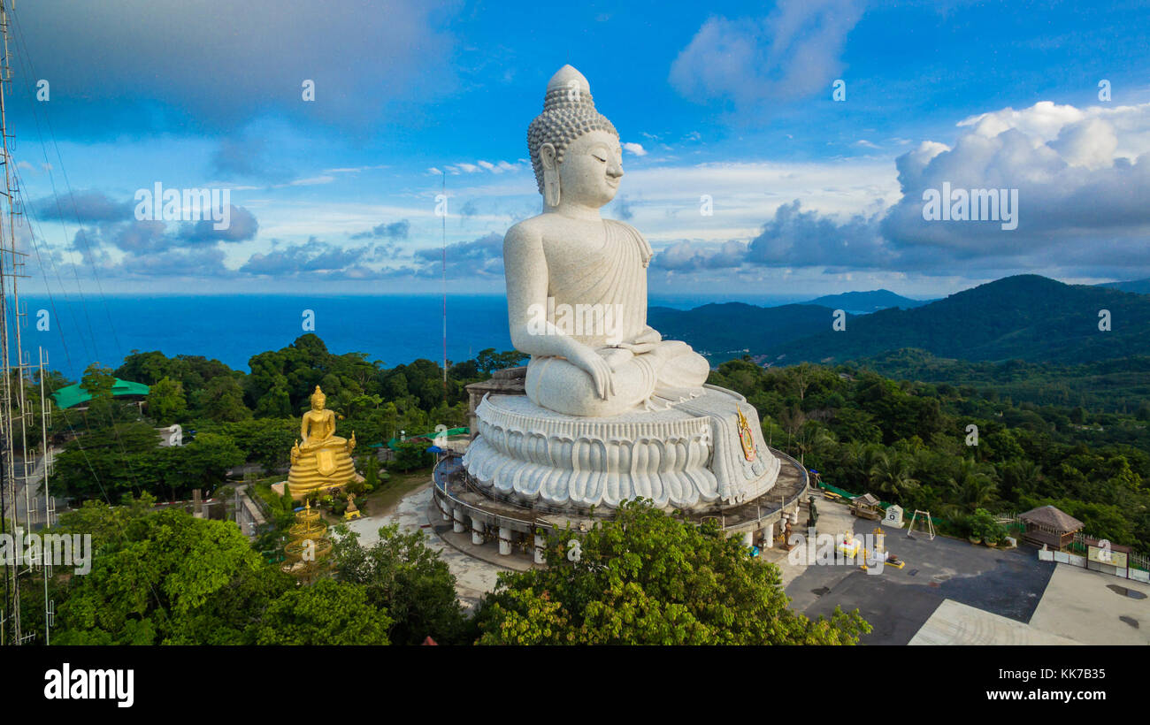 blue sky and blue ocean are on the back of Phuket Big Buddha statue ...