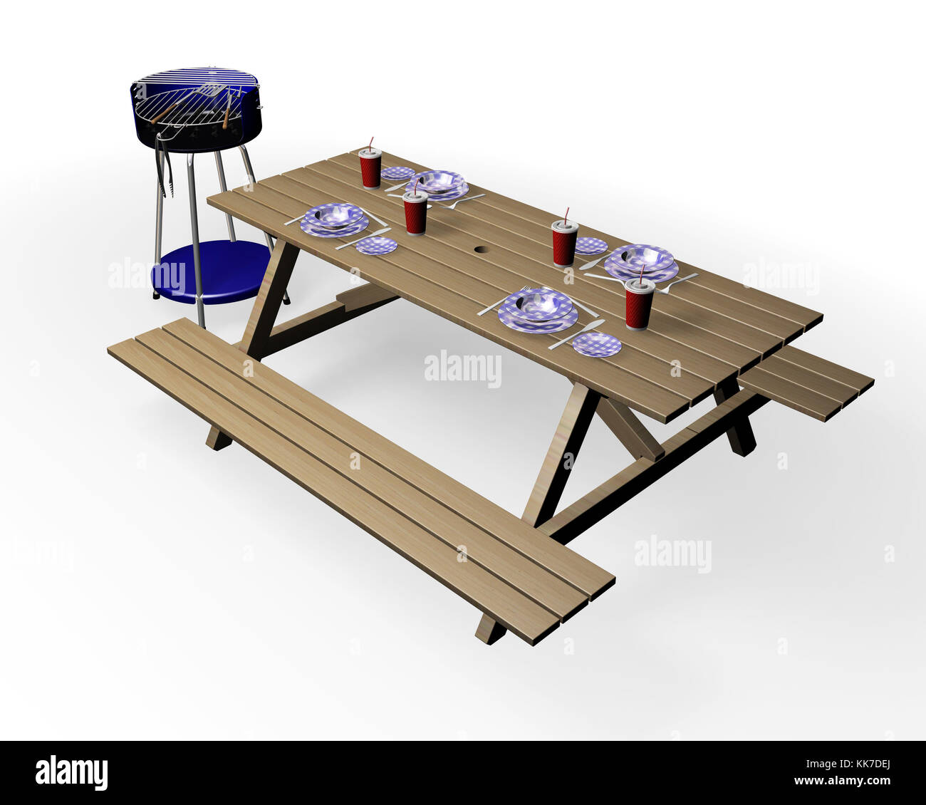 3D render of barbecue and wooden bench with crockery and cutlery Stock ...