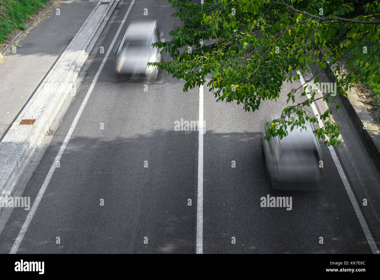 Motion blur of cars in aerial view over the road. (Speed limits - Infractions - Speed Cameras) Stock Photo