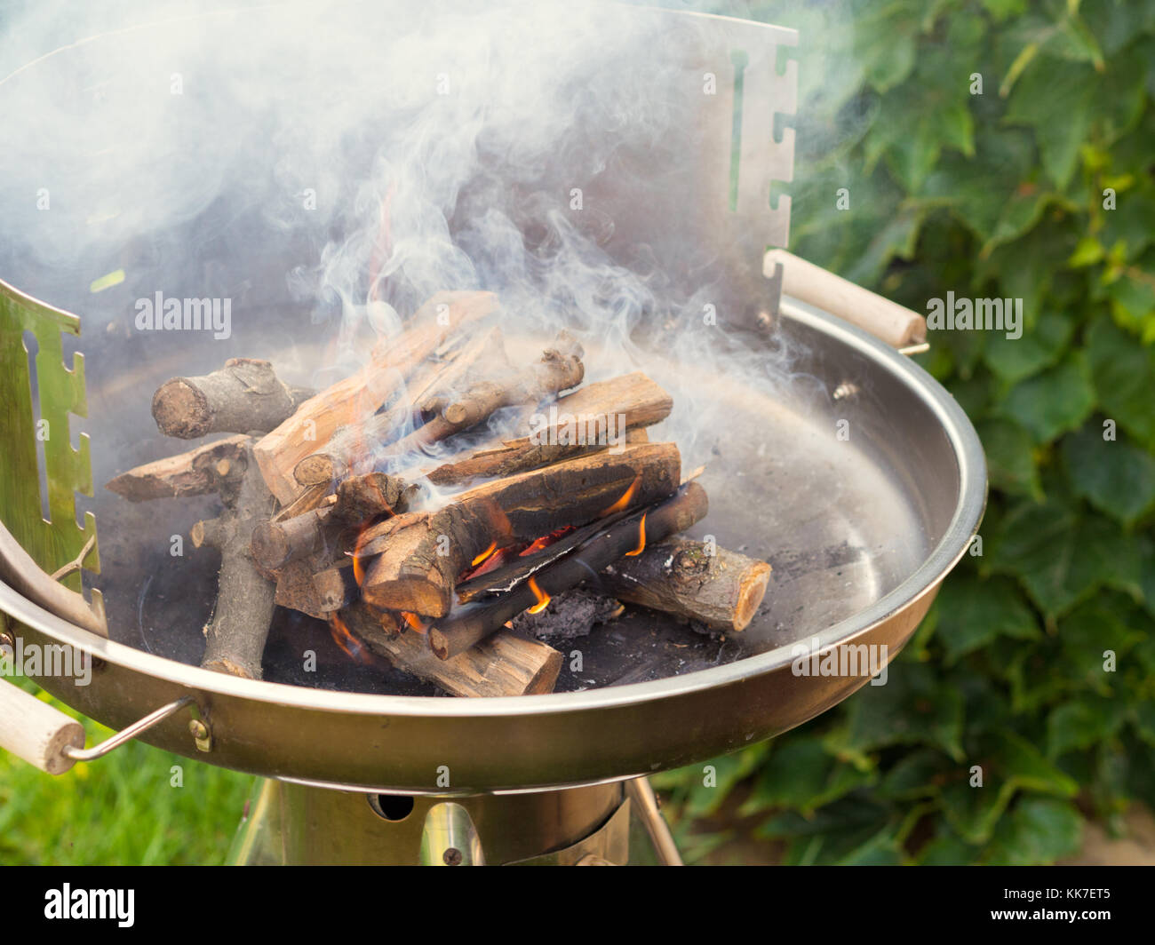 Grill with wood in flames and smoke Stock Photo - Alamy