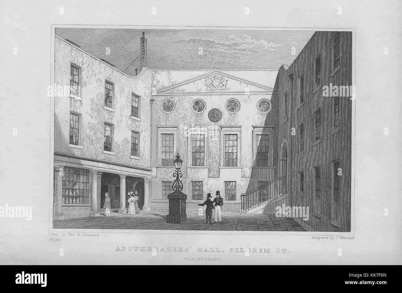 Apothecaries Hall, Pilgrim Street, engraving from 'Metropolitan Improvements, or London in the Nineteenth Century' England, UK 1828 Stock Photo