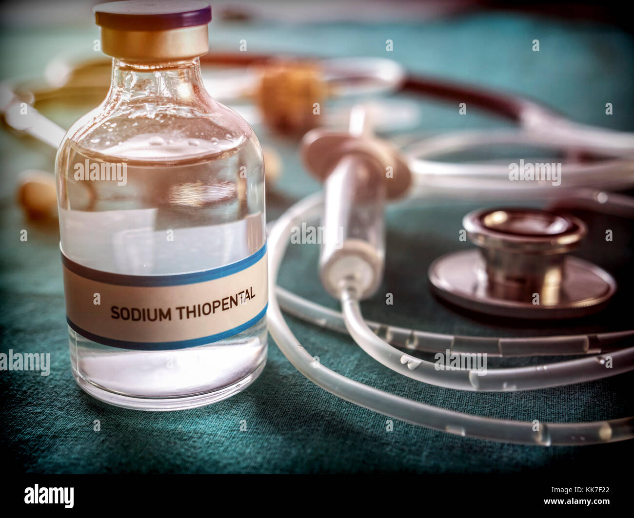 Vial with Sodium Thiopental used for euthanasia and lethal inyecion in a hospital, conceptual image Stock Photo