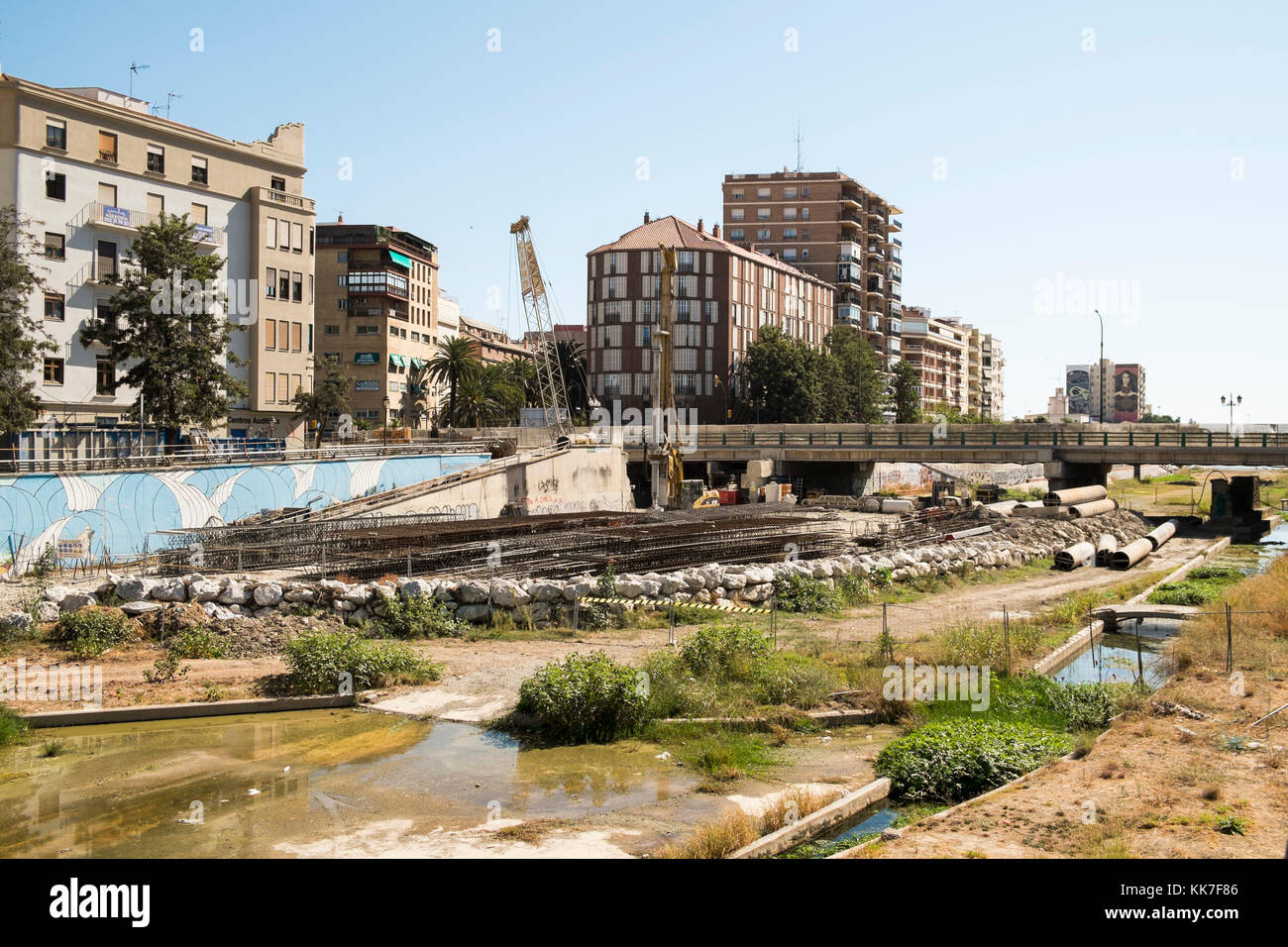 Construction works for underground. River Guadalmedina, Málaga, Andalusia, Spain. Stock Photo