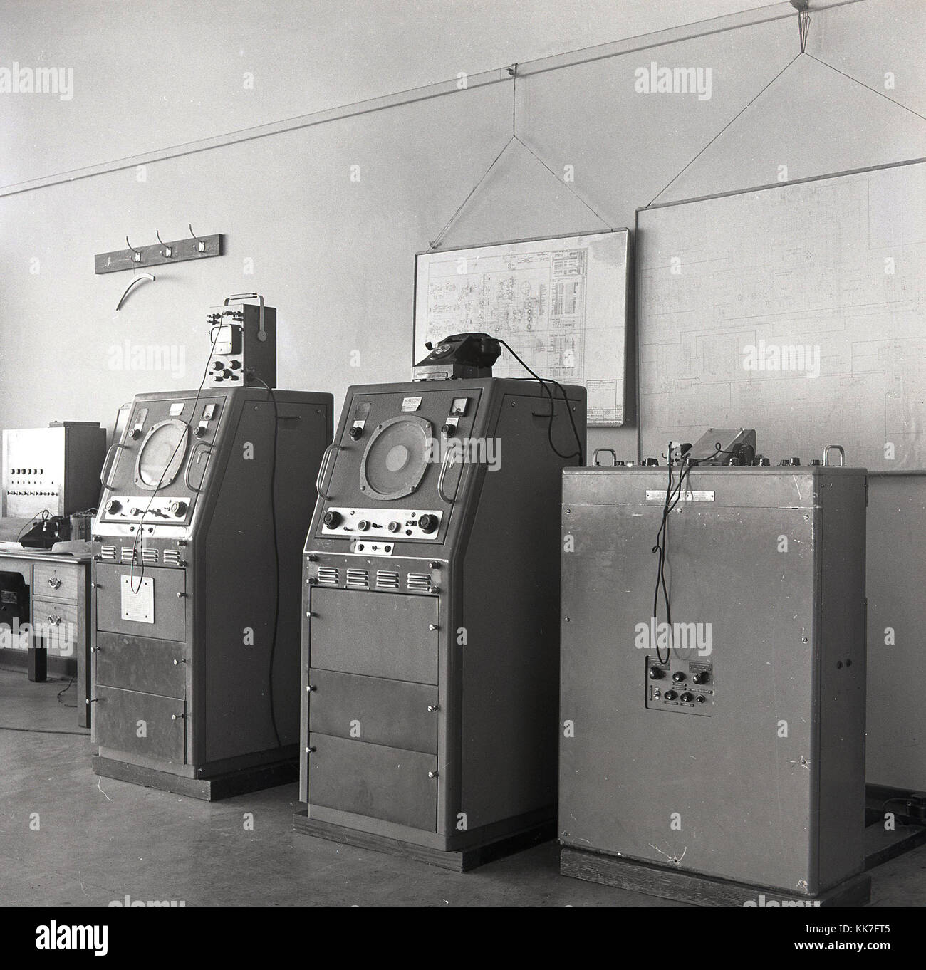 1950s, England, long-distance telecommunication machines of the Marconi Wireless Company. Stock Photo