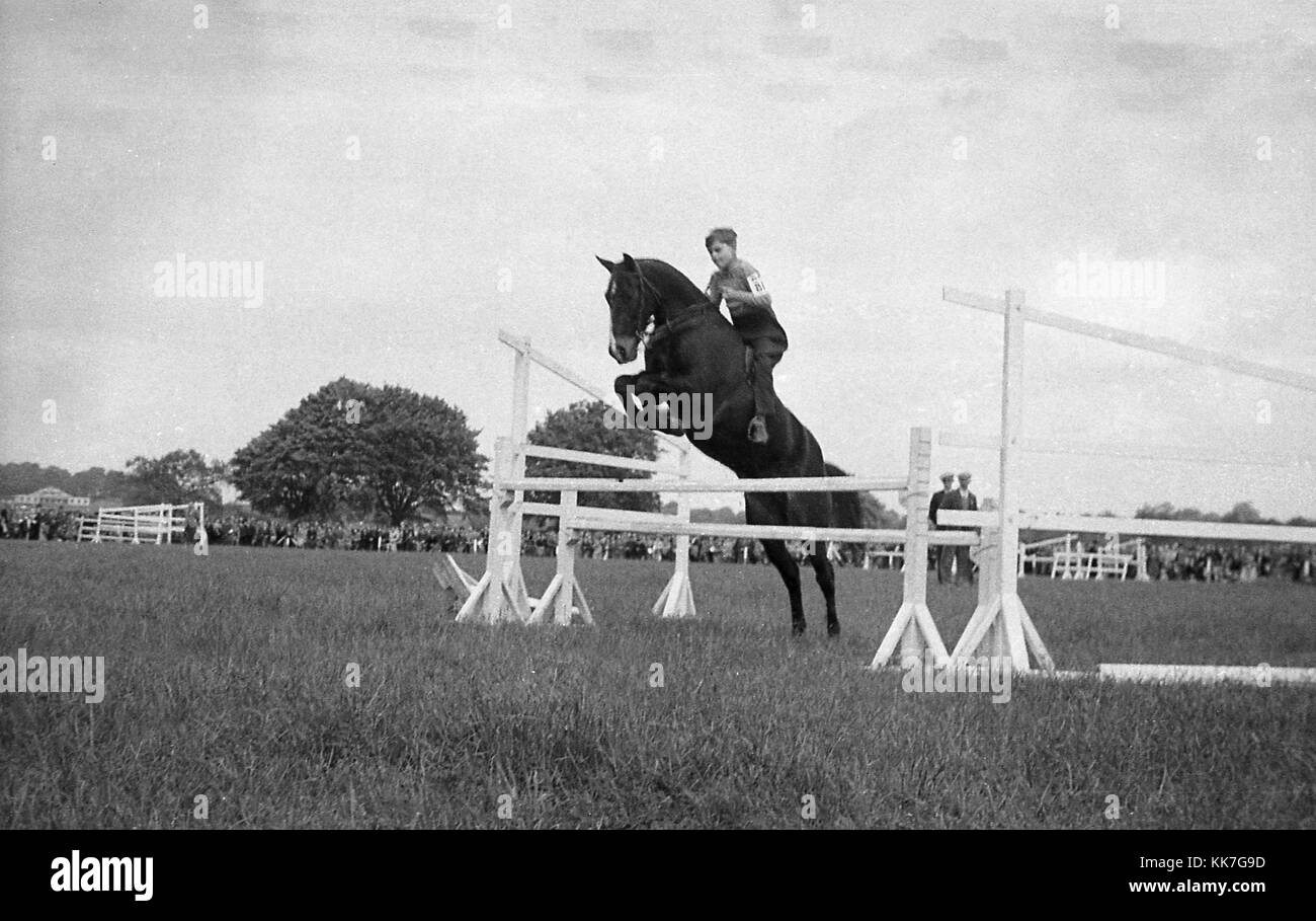 1940s, historical picture, eventing competition, a young lad on a horse jumping a fence, showing good technique and position on the horse,  England, UK. Probably common at this time, is the fact that he is wearing no protective headgear, Stock Photo
