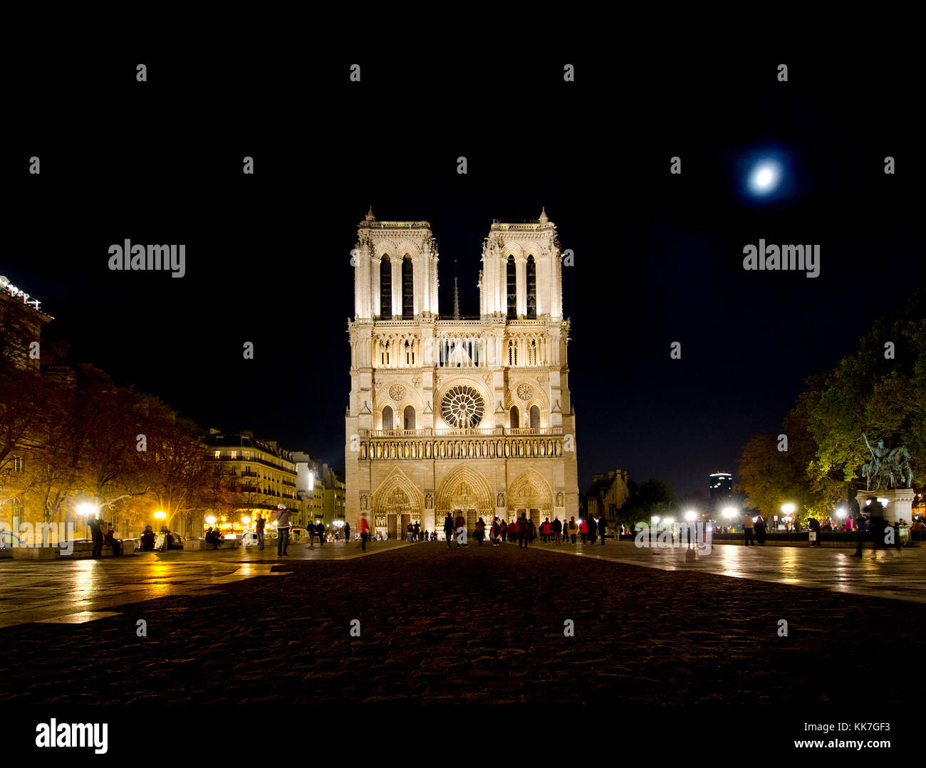 Paris, France. Notre Dame cathedral / Notre-Dame de Paris on Isle de la Cite. Gothic. Lit up at night Stock Photo