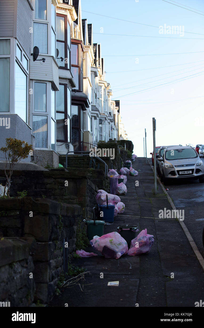 Pink bags used for the household recycling of plastics and bins used