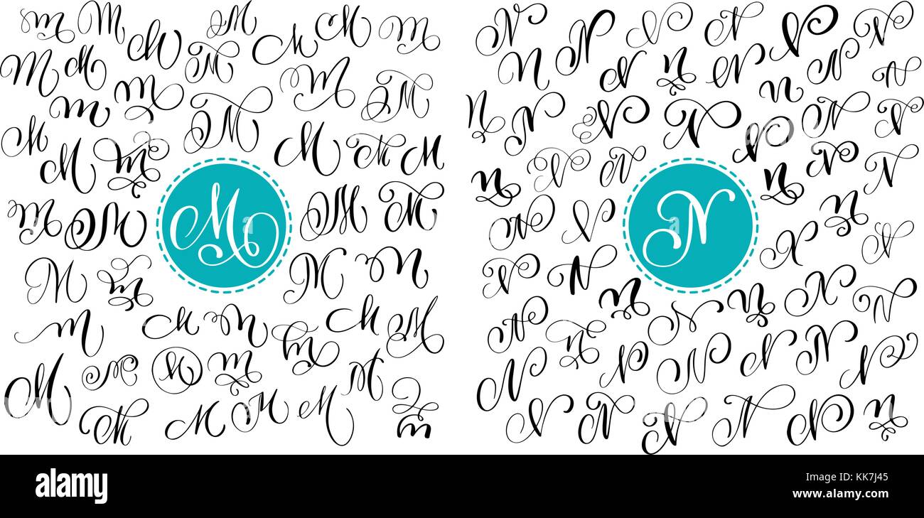 Set letter M, N. Hand drawn vector flourish calligraphy. Script font. Isolated letters written with ink. Handwritten brush style. Hand lettering for logos packaging design poster Stock Vector