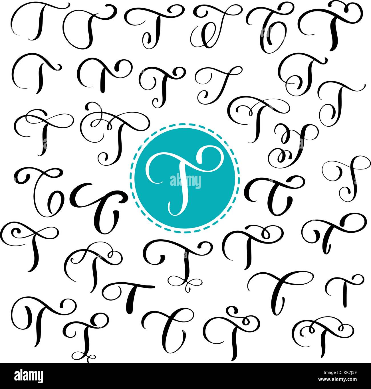 Set letter T. Hand drawn vector flourish calligraphy. Script font. Isolated letters written with ink. Handwritten brush style. Hand lettering for logos packaging design poster Stock Vector