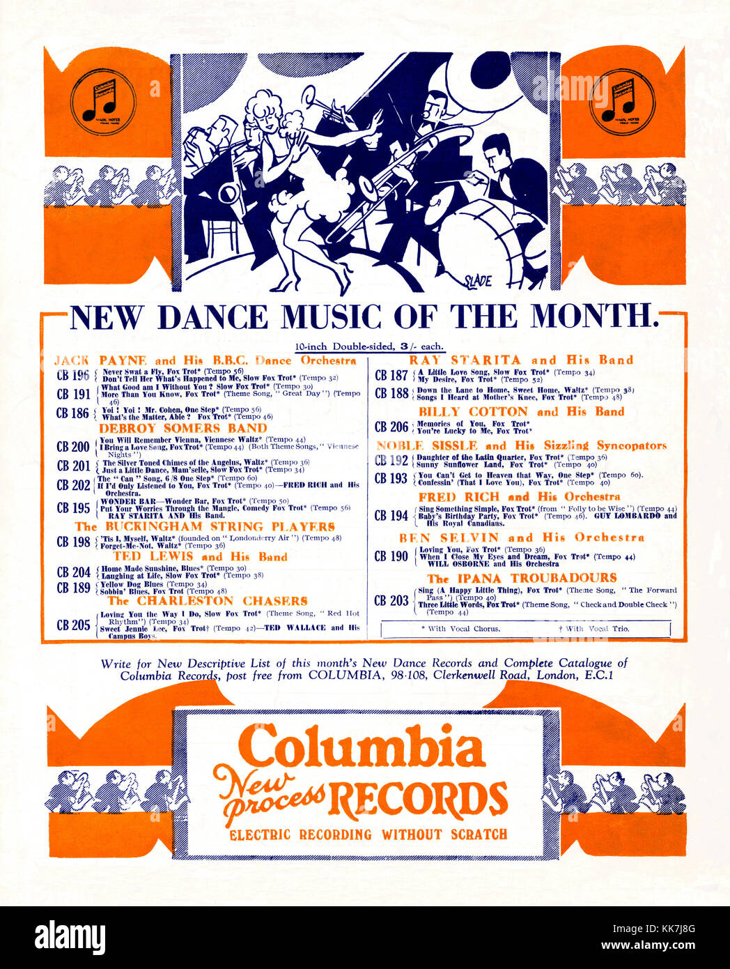 A 1931 advert for Columbia Records. It appeared in the British music magazine, Melody Maker. The advert has an illustration of a female dancer fronting a swing band with the brass section and drummer. It promotes the dance music of the month - mainly big band music including Jack Payne and his BBC Dance Orchestra and Billy Cotton and His Band with music on 10 inch double sided disks Stock Photo