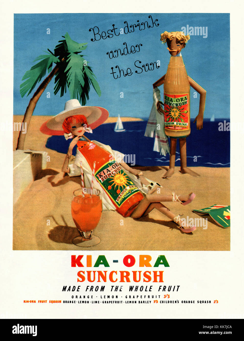 An advert for Kia Ora orange and lemon flavoured whole-fruit 'Suncrush' soft drinks. It appeared in a magazine published in the UK in 1957 and featured a beach scene with cartoon bottle characters. The brand takes its name from 'kia ora', a New Zealand Maori language greeting which for 'be well or healthy' Stock Photo