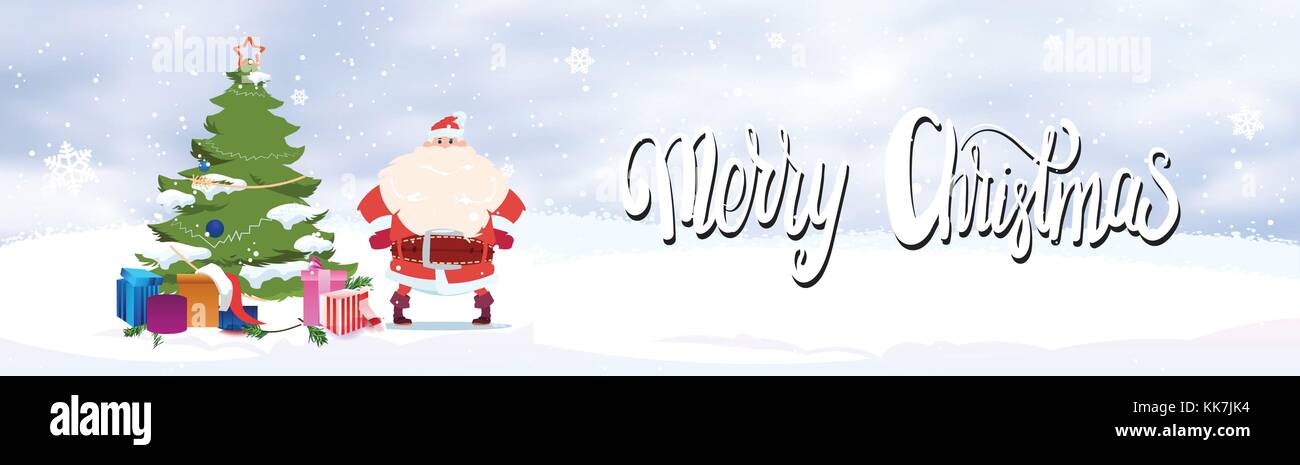 Merry Christmas Banner Santa Standing At Decorated Pine Tree Stock ...