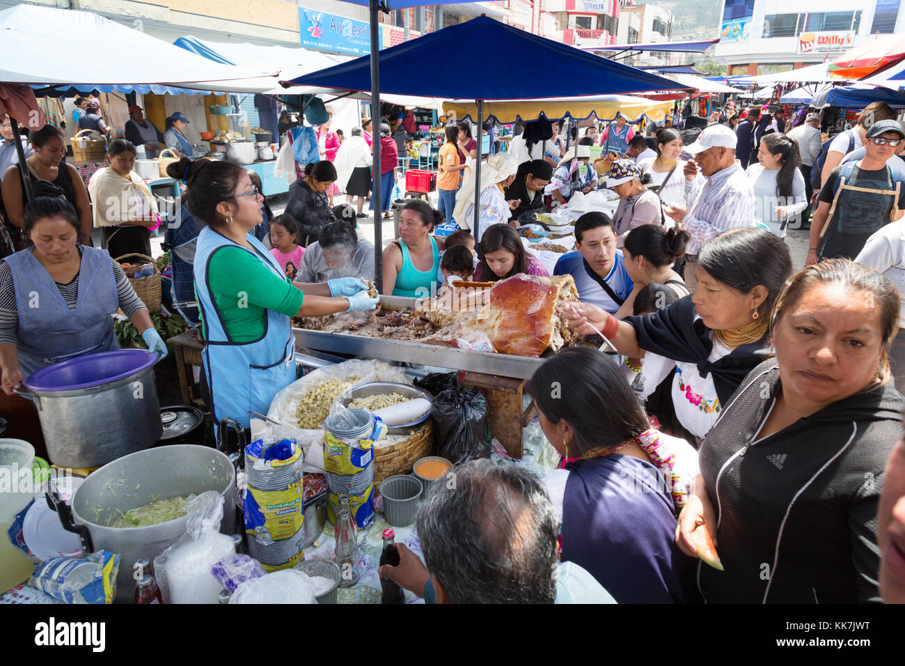Otavalo market, Ecuador - crowds of people eating at the food market, Otavalo, northern Ecuador, South America Stock Photo