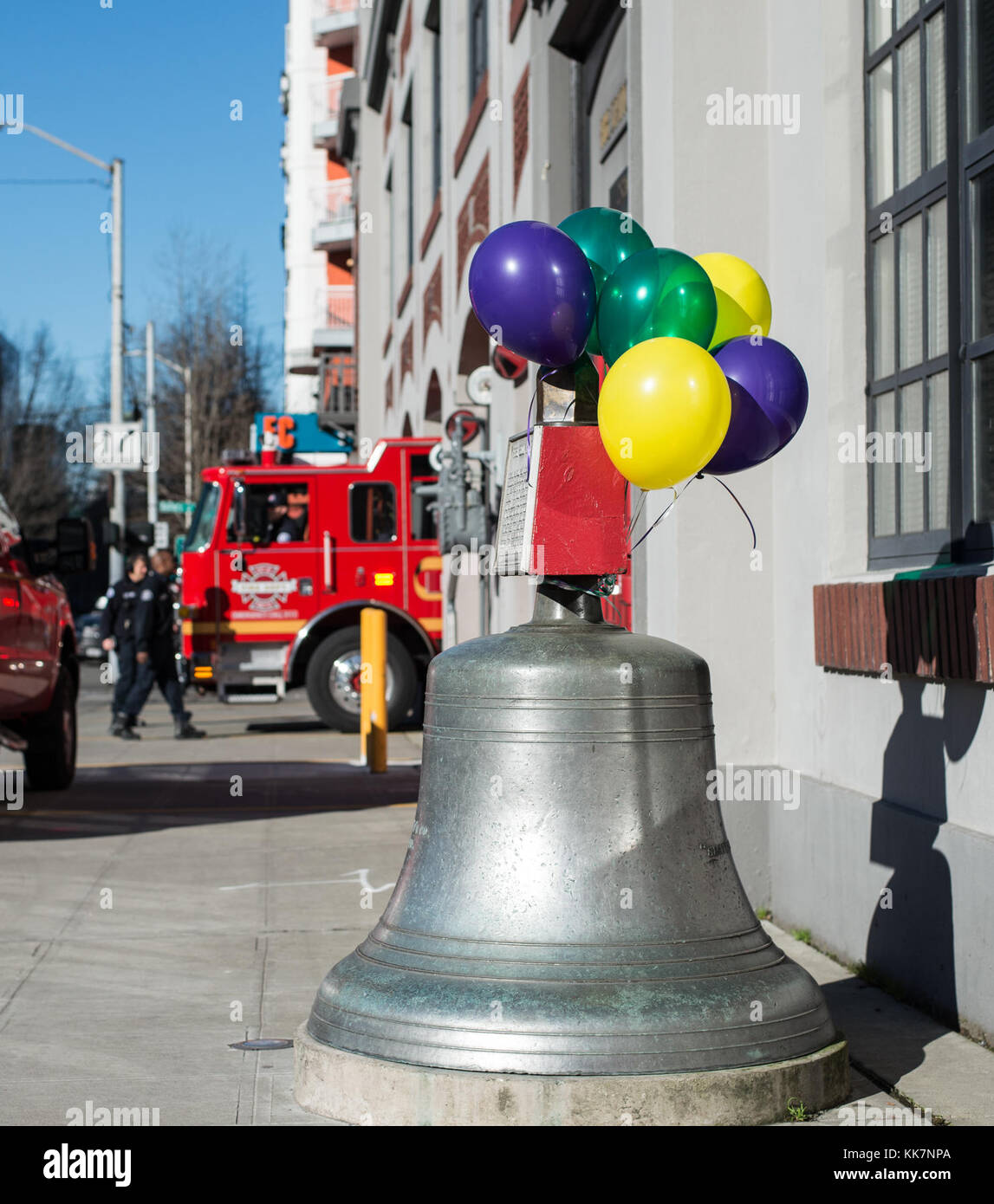 Launched in late August 2016 when Bertha passed beneath First Avenue and Union Street, #BalloonsOverBertha is yet another way to track progress on the SR 99 Tunnel Project.   We took this photo in late January 2017, when Bertha was beneath Fourth Avenue between Battery and Bell streets in Belltown, near Seattle Fire Department Station No. 2. Stock Photo