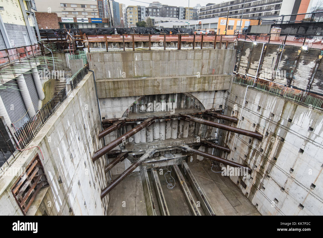 Alaskan Way Viaduct Replacement Program.This photo shows progress on the future southbound SR 99 lanes.  Crews assembled the SR 99 tunneling machine. Crews are building the southbound deck on top of the northbound lanes. Stock Photo