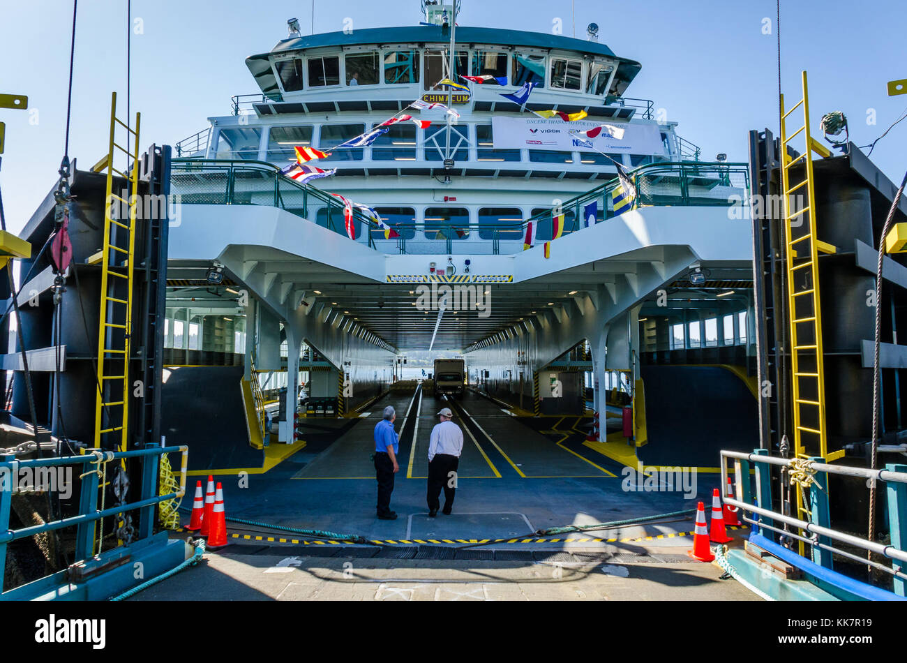 The M/V Chimacum decked out in signal flags waiting for the event to start. We like to call it the new ferry smell 35419966731 o Stock Photo