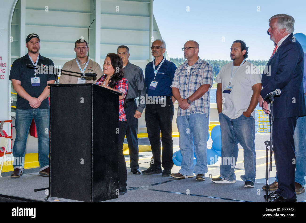 The ceremony recognized Vigor Shipyard employees and their subcontractors who helped construct the third Olympic class ferry, M/V Chimacum. Washington built this boat 35511627526 o Stock Photo