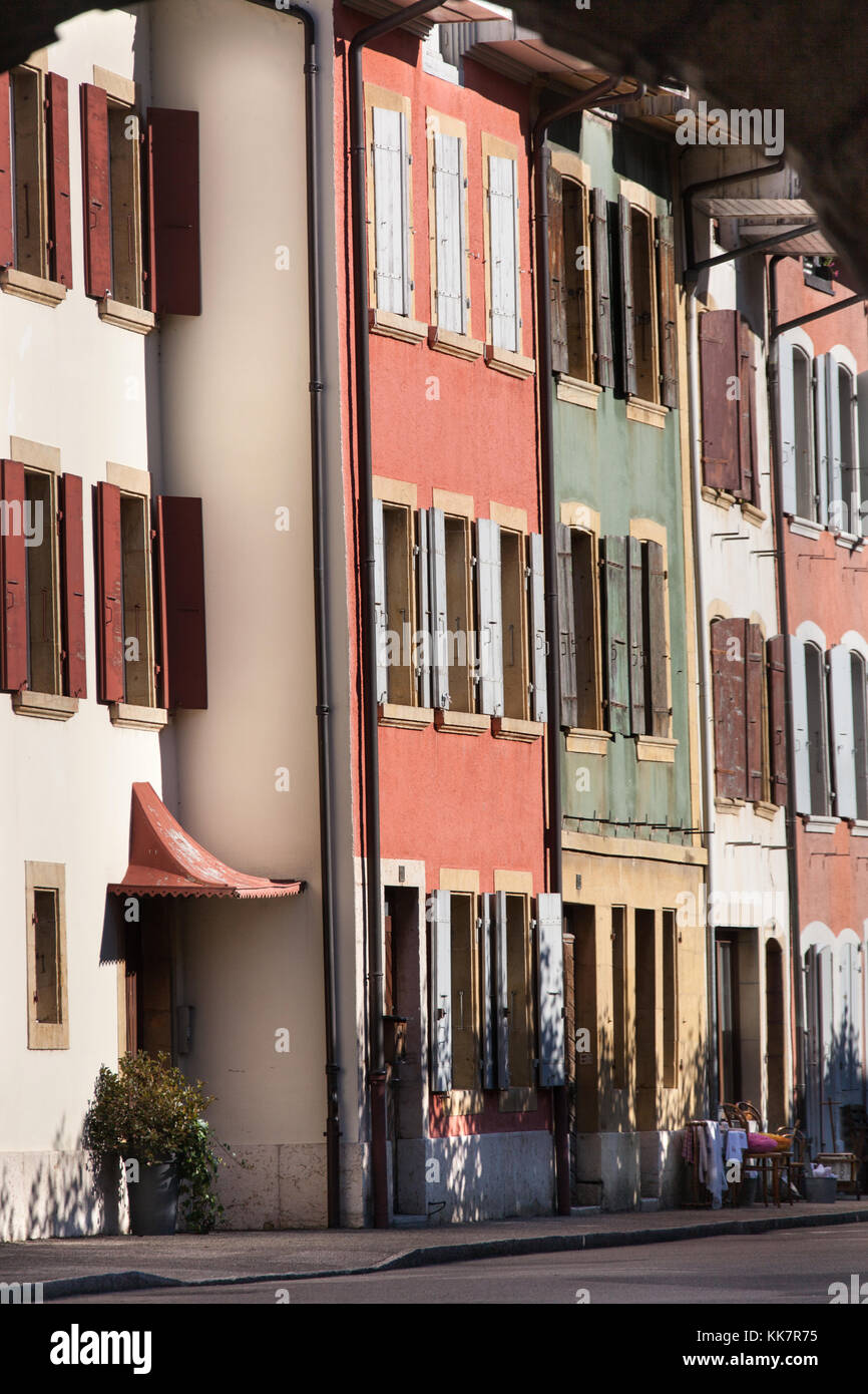 Town of Le Landeron, Switzerland. Picturesque colourful view of houses and shops, lining the