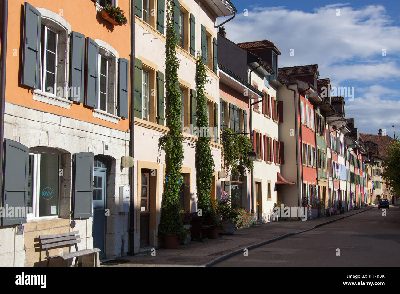 Town of Le Landeron, Switzerland. Picturesque colourful view of houses