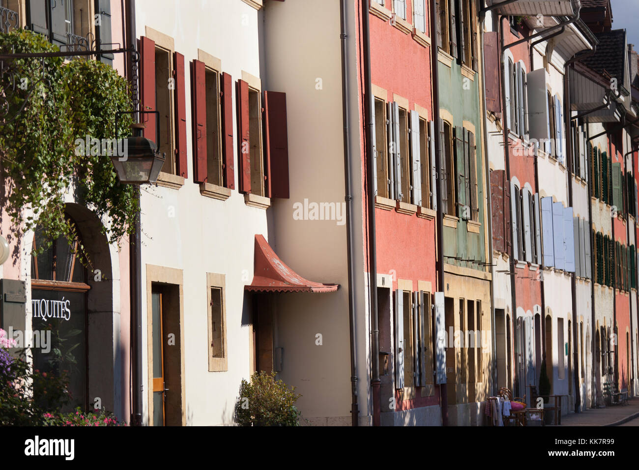Town of Le Landeron, Switzerland. Picturesque colourful view of houses