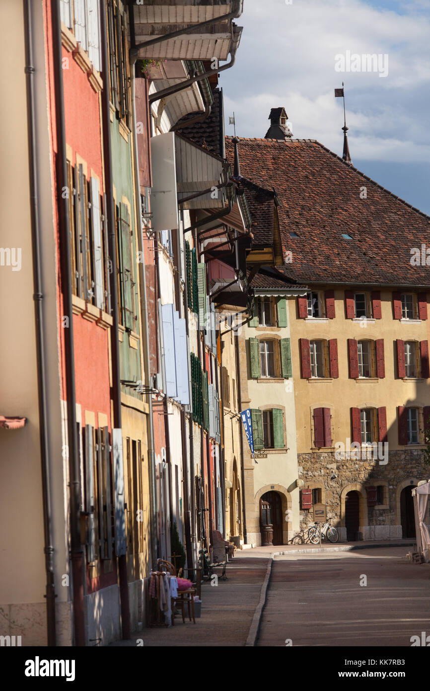 Town of Le Landeron, Switzerland. Picturesque view of houses and shops,  lining the east and west side of the medieval Old Town of Le Landeron Stock  Photo - Alamy