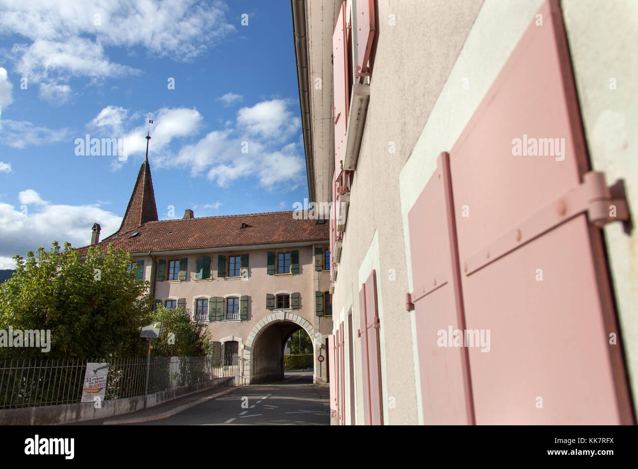 Town of Le Landeron, Switzerland. Picturesque view of houses at Ville, on the northern outskirts