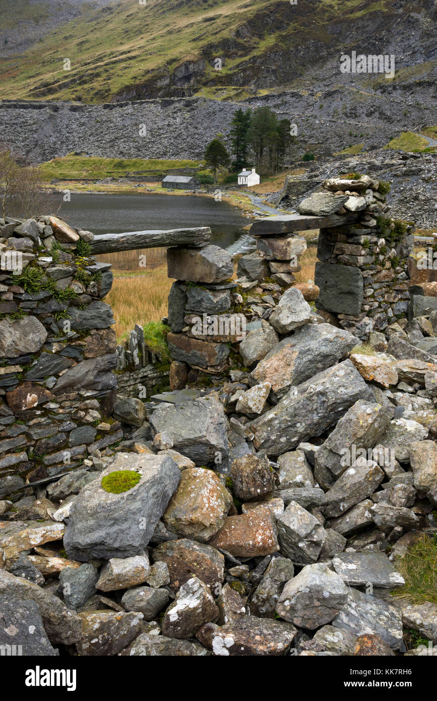 Ruins of old slate quarry buildings at Cwmorthin, Tanygrisiau, North Wales. A remote old quarry in the mountains, now a popular area with walkers. Stock Photo