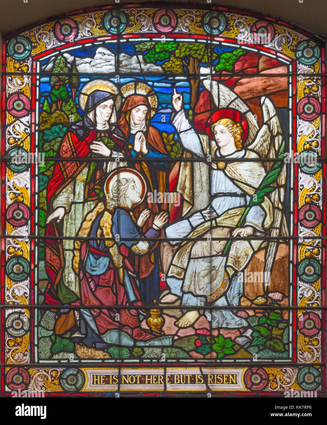 LONDON, GREAT BRITAIN - SEPTEMBER 15, 2017: The Women Visit the Empty Tomb scene on the satined glass of St James's Church, Clerkenwell. Stock Photo