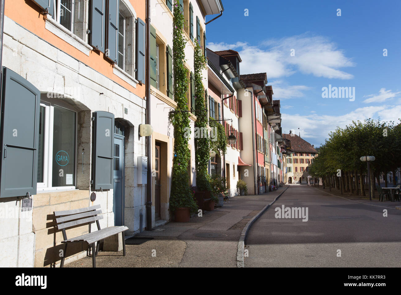 Town of Le Landeron, Switzerland. Picturesque colourful view of Stock