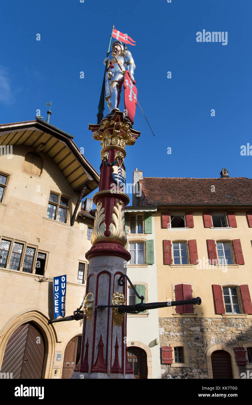 Town of Le Landeron, Switzerland. Picturesque view of the statue on top