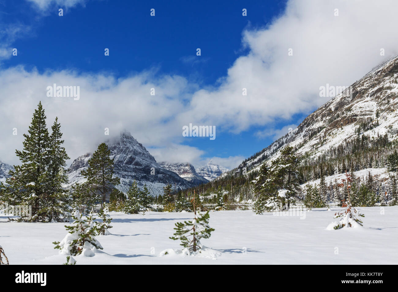 Early winter with first snow covering rocks and woods in the Glacier ...