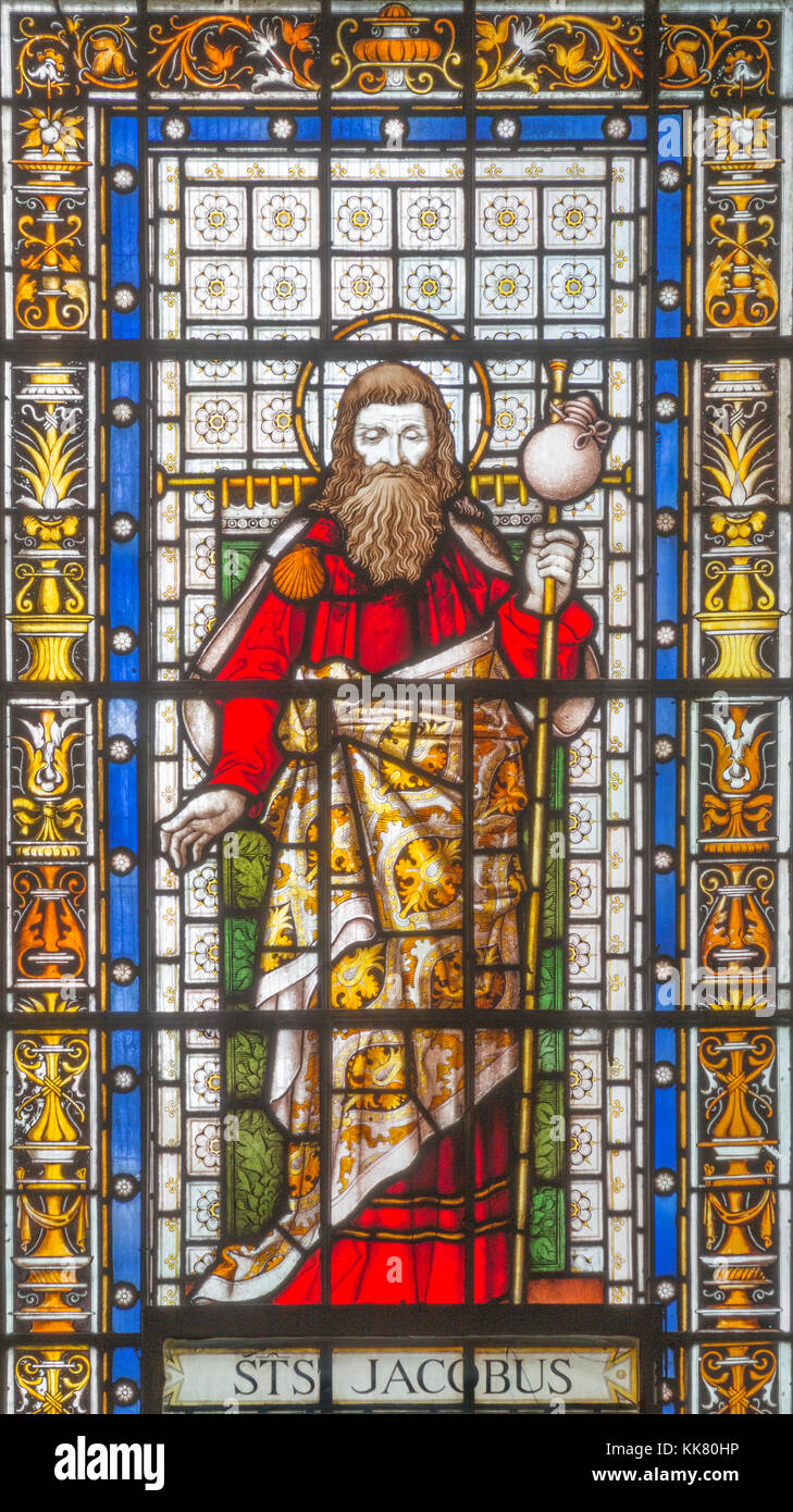 LONDON, GREAT BRITAIN - SEPTEMBER 20, 2017: The St. Jacob the Apostle on the stained glass in church St. Pancras from 19. cent. Stock Photo
