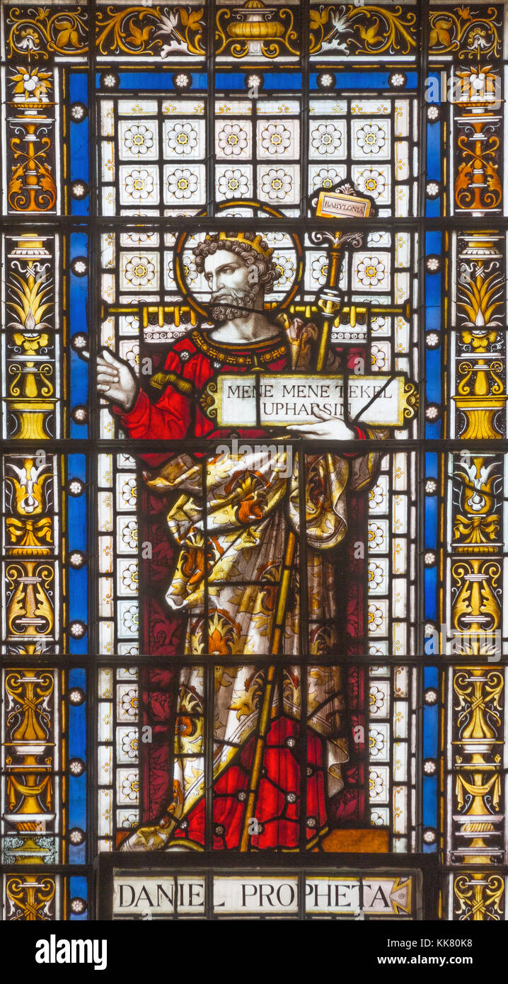 LONDON, GREAT BRITAIN - SEPTEMBER 20, 2017: The prophet Daniel on the stained glass in church St. Pancras from 19. cent. Stock Photo