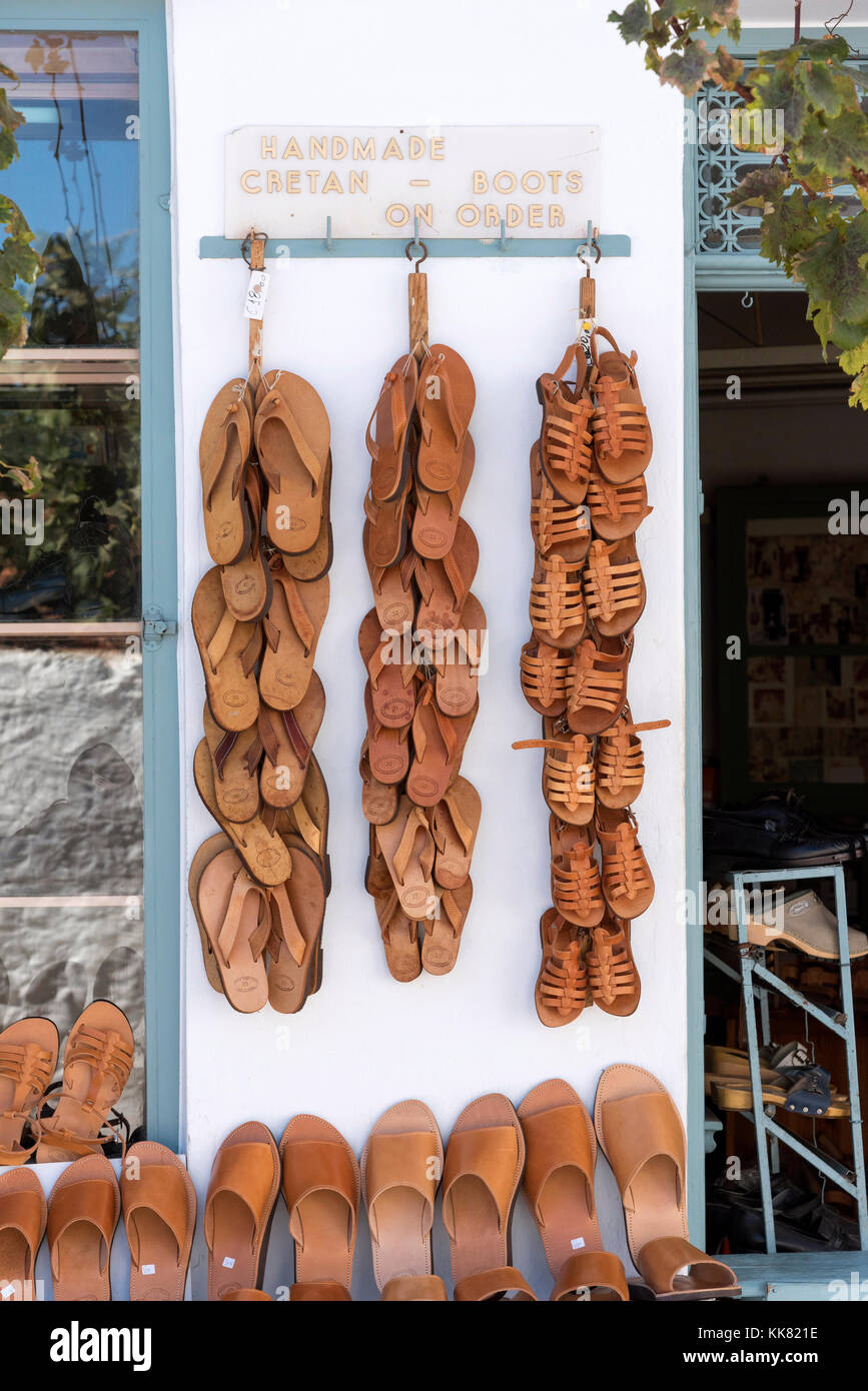 Handmade leather sandals hang outside a shop in Kritsa, Crete, Greece Stock  Photo - Alamy