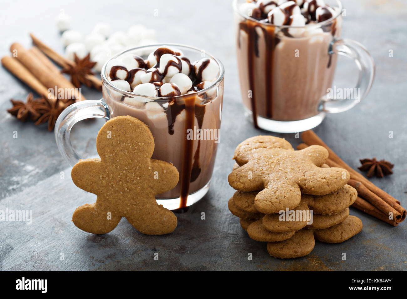 Gingerbread men cookies and hot chocolate Stock Photo