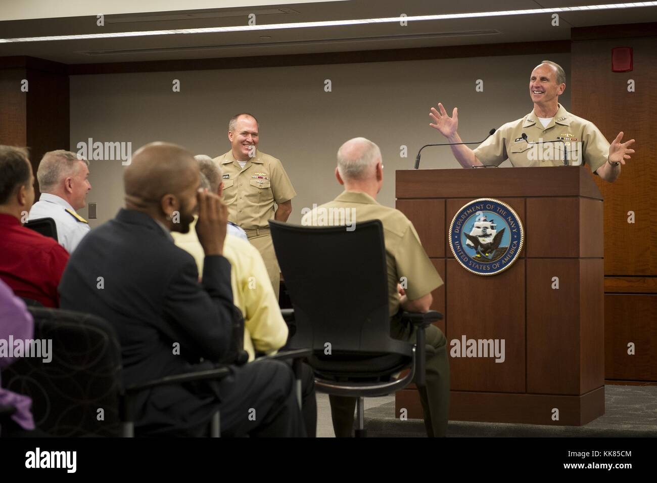Chief of Naval Operations CNO Admiral Jonathan Greenert delivers remarks during an award ceremony at Navy Strategic Systems Programs SSP, Washington. Image courtesy Mass Communication Specialist 1st Class Nathan Laird/US Navy, 2015. Stock Photo