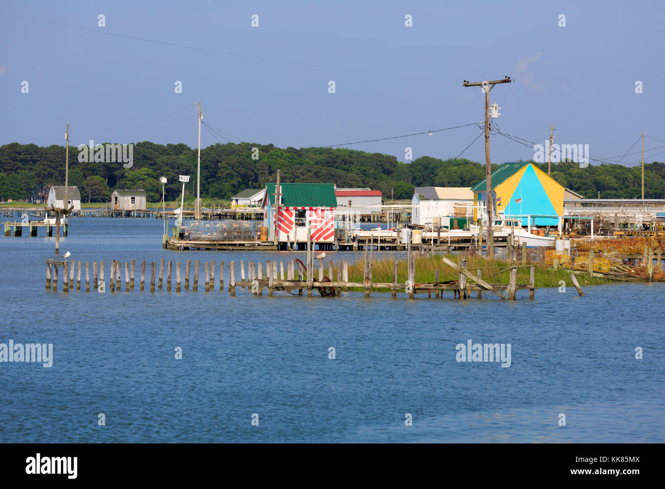 Fishing shanties and docks, Tangier Island, Chesapeake Bay Stock Photo