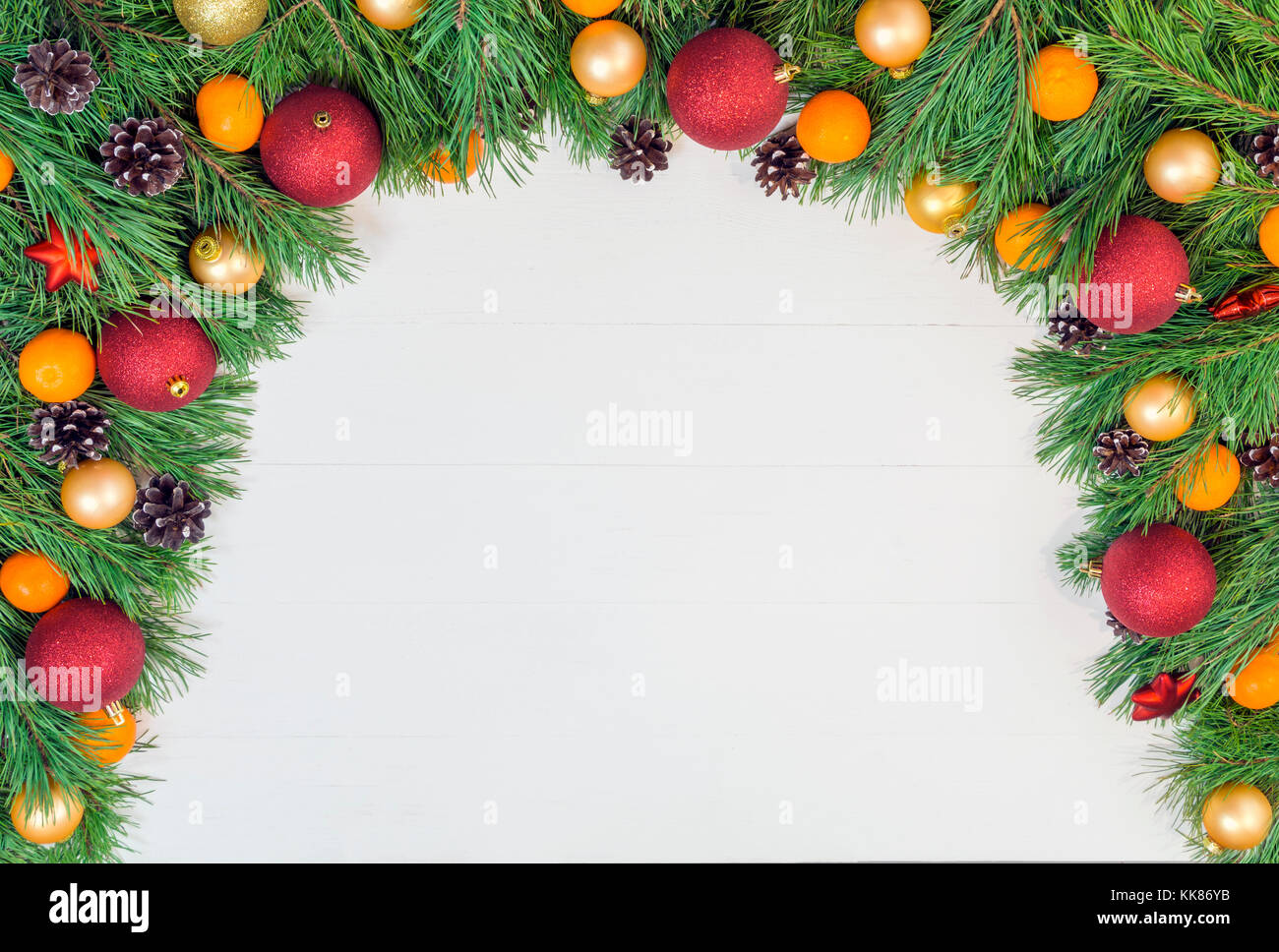 Christmas garland with pure green natural fir branches with cones on ...